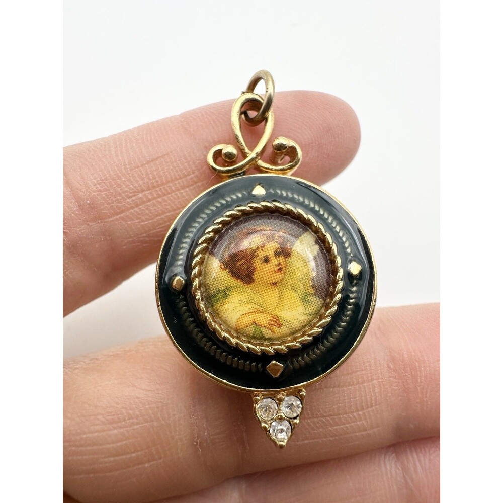 Vintage Rhinestone Angel Locket Charm Pendant Gold Tone